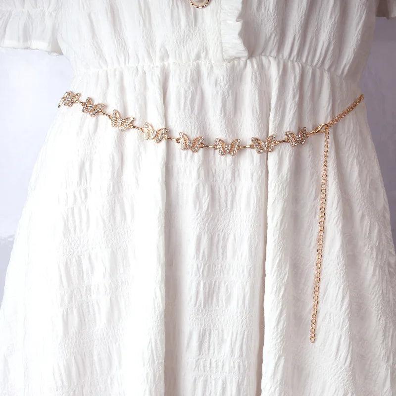 Butterfly Rhinestones Women Thin Belt Silver Metal Adjustable Waist Strap
