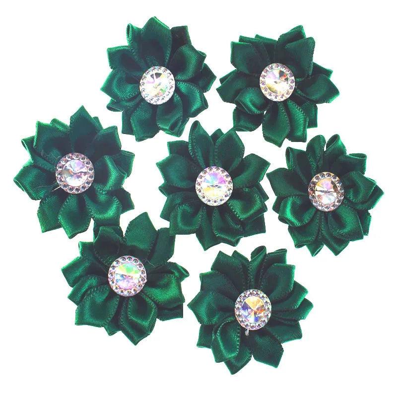 20Pcs Satin Ribbon Flowers with Rhinestone Button for DIY Hair Accessories 4.5cm