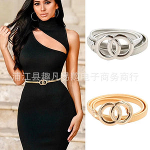 Double Rings Chain Waist Belt Elastic Stretch Silver Metal Thin Ladies