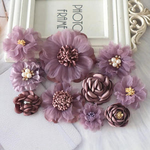 10PCS Mix Dark Purple Chiffon Rose Flowers Hair DIY Dress Decoration