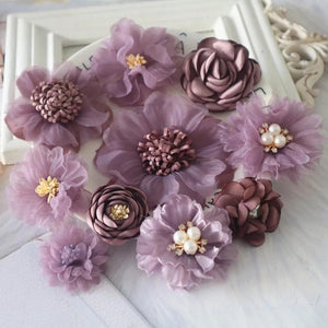 10PCS Mix Dark Purple Chiffon Rose Flowers Hair DIY Dress Decoration
