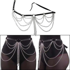Layered Leather Belt With Chains Body Sexy Harness Waist Goth Accessories