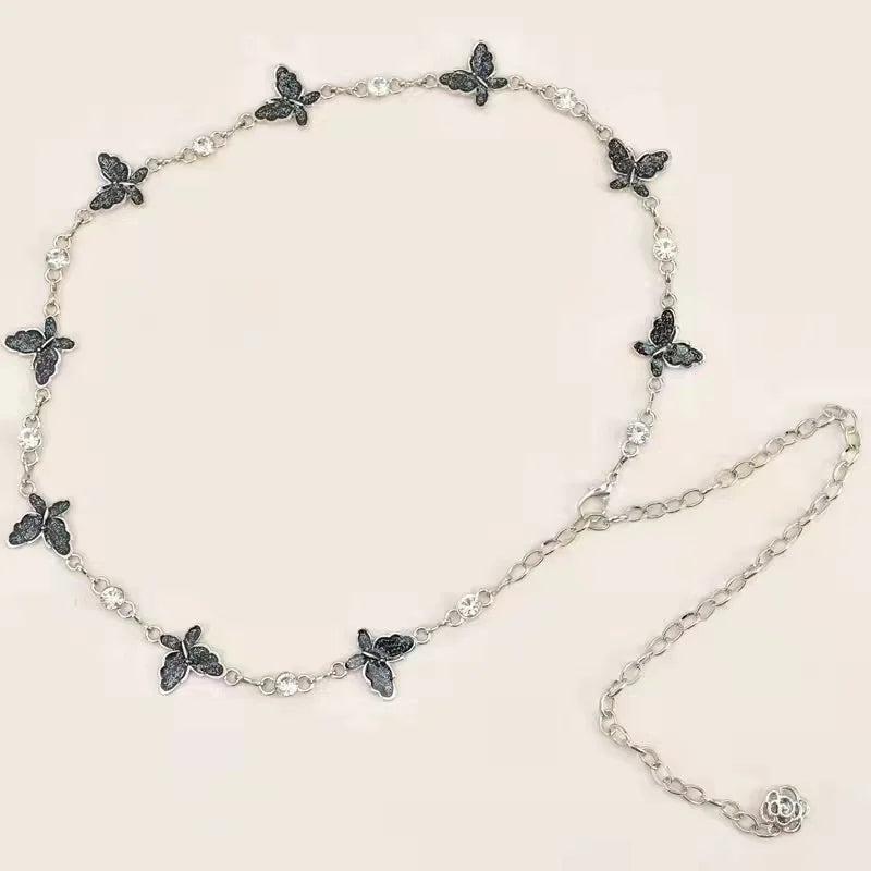 Butterfly Rhinestones Waistband Thin Belt For Women Adjustable Metal Waist Strap