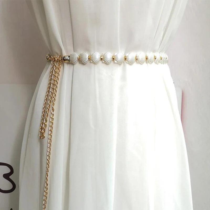 Pearl Shell Women Chain Belt Metal Thin Slim Waist Belts Dress Skirt