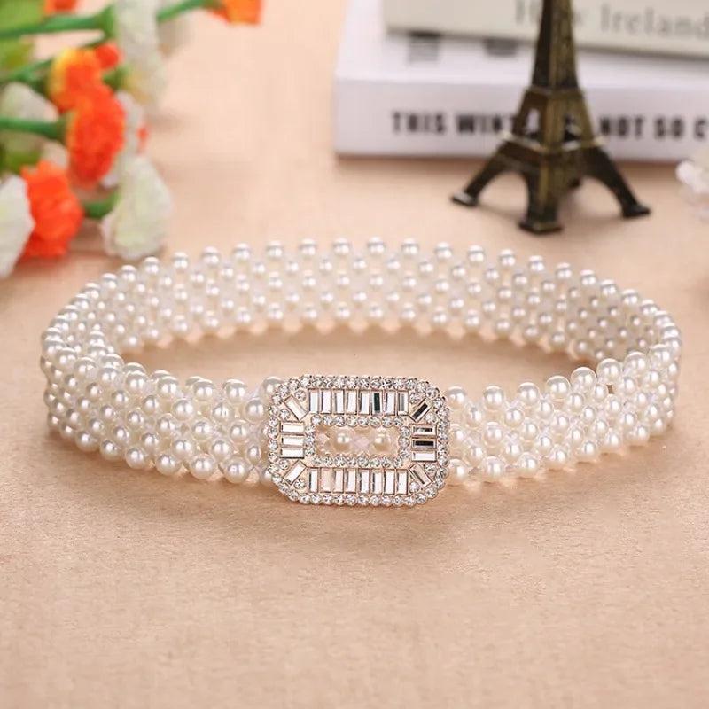 Women Pearl Waist Belt Elastic Buckle Pearl Chain Belt