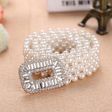 Women Pearl Waist Belt Elastic Buckle Pearl Chain Belt