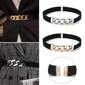 Women Punk Elastic Belt Metal Chain Decorative Waist Stretch Strap