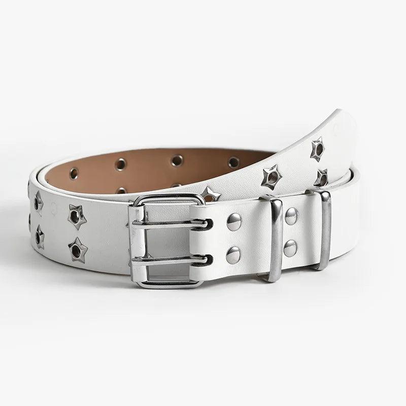 Punk Chain Belt Hollow Star Double Breasted Leather Jeans Waistband