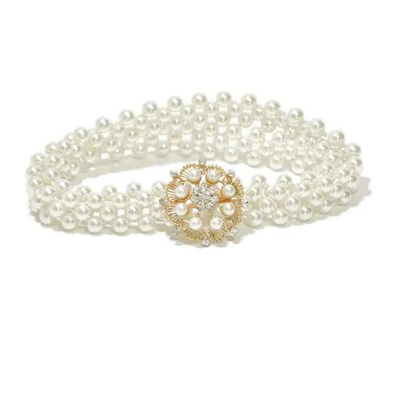Pearl Waist Chain Elastic Rhinestone Decor Belt for Women
