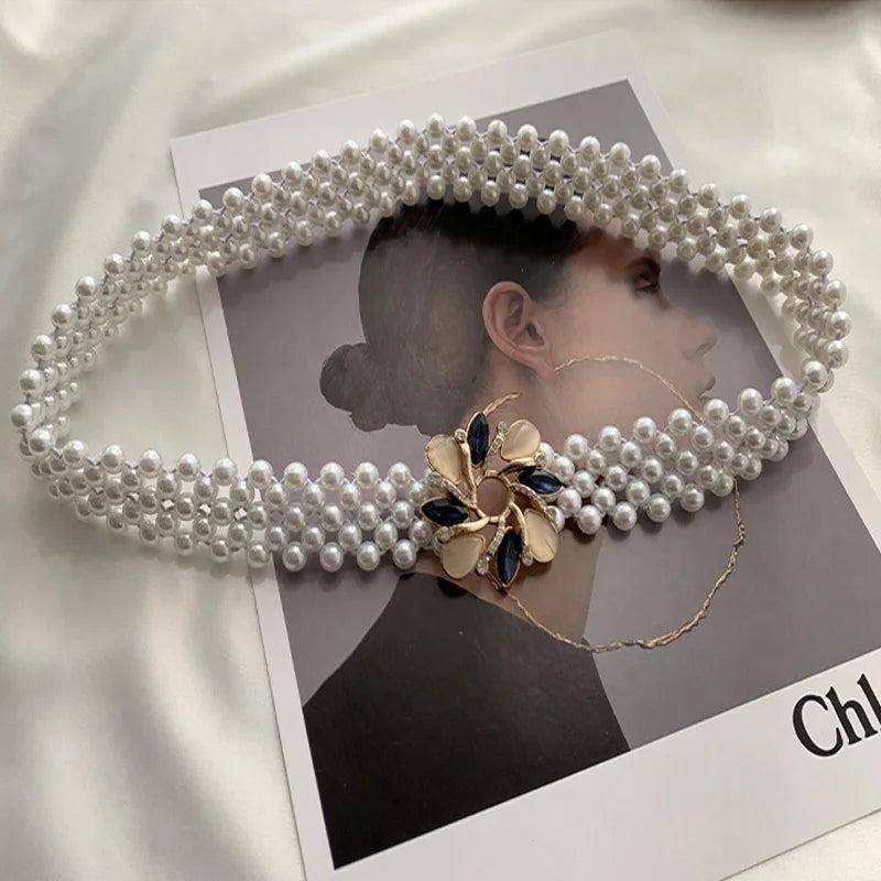 Rhinestone Buckle Waist Chain Pearl Elastic Women Belt