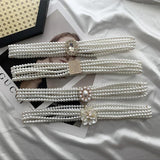Rhinestone Buckle Waist Chain Pearl Elastic Women Belt