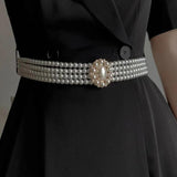 Rhinestone Buckle Waist Chain Pearl Elastic Women Belt