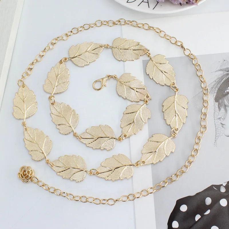 Metal Leaf Chain Belt Silver Adjustable Thin Waist Chains Long Decorative Straps