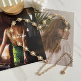 Women Pearls Waist Chain Hollow Carved Metal Waistband Lady Belt