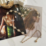 Women Pearls Waist Chain Hollow Carved Metal Waistband Lady Belt