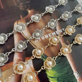 Women Pearls Waist Chain Hollow Carved Metal Waistband Lady Belt