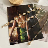 Women Pearls Waist Chain Hollow Carved Metal Waistband Lady Belt