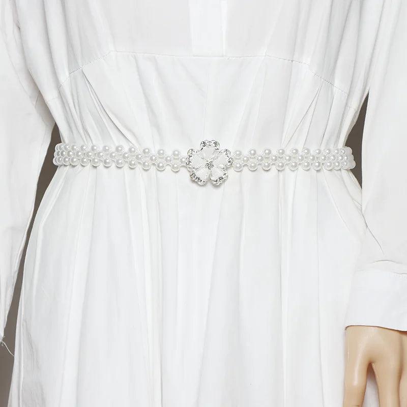 Floral Pearl Elastic Belt - Versatile Dress Accessory