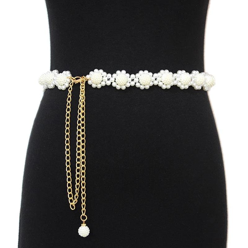 Women's Pearl Waist Chain Elastic Metal Decoration Thin Waistband