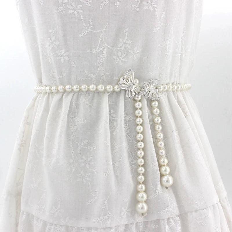 Women's Sweet Bow Dress Pearl Waist Chain Thin Belt