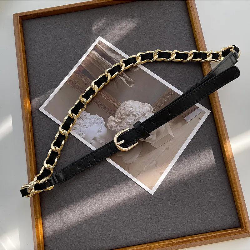 Women's Metal Waist Chain Belt PU Leather Dress Decorative Accessory