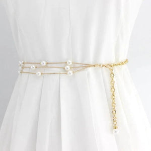 Retro Women's Metal Waist Chain Pearl Belt Dress Belt