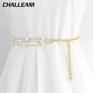 Retro Women's Metal Waist Chain Pearl Belt Dress Belt
