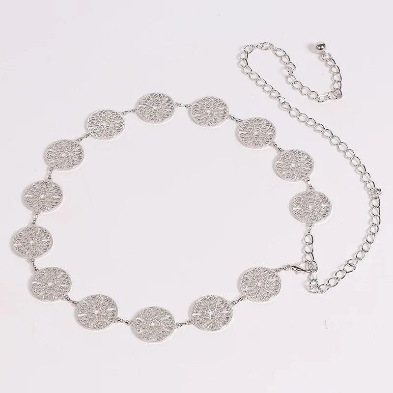 Vintage Silver Leaf Waist Chain Hollow Circular Belt