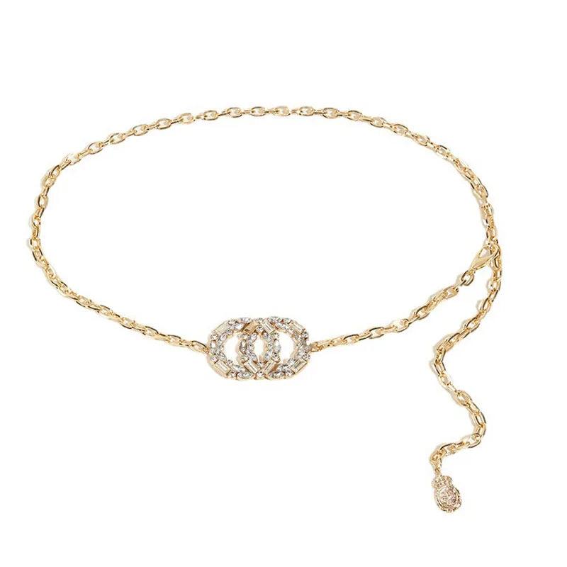 Metal Waist Chain Double Round Rhinestone Buckle Thin Waistband