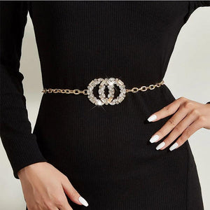 Metal Waist Chain Double Round Rhinestone Buckle Thin Waistband
