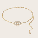 Metal Waist Chain Double Round Rhinestone Buckle Thin Waistband