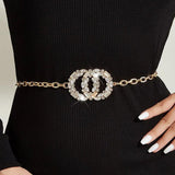Metal Waist Chain Double Round Rhinestone Buckle Thin Waistband