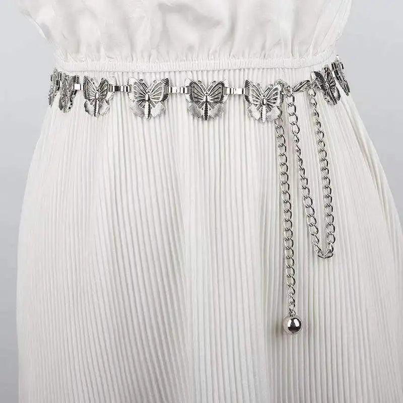 Retro Punk Fringe Waist Belt for Women Tassel Chain Silver Waistband