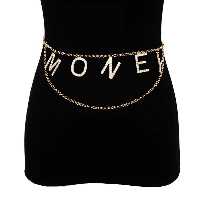 Women Metal Double Waist Chains Diamond Letter Pendant Body Chain