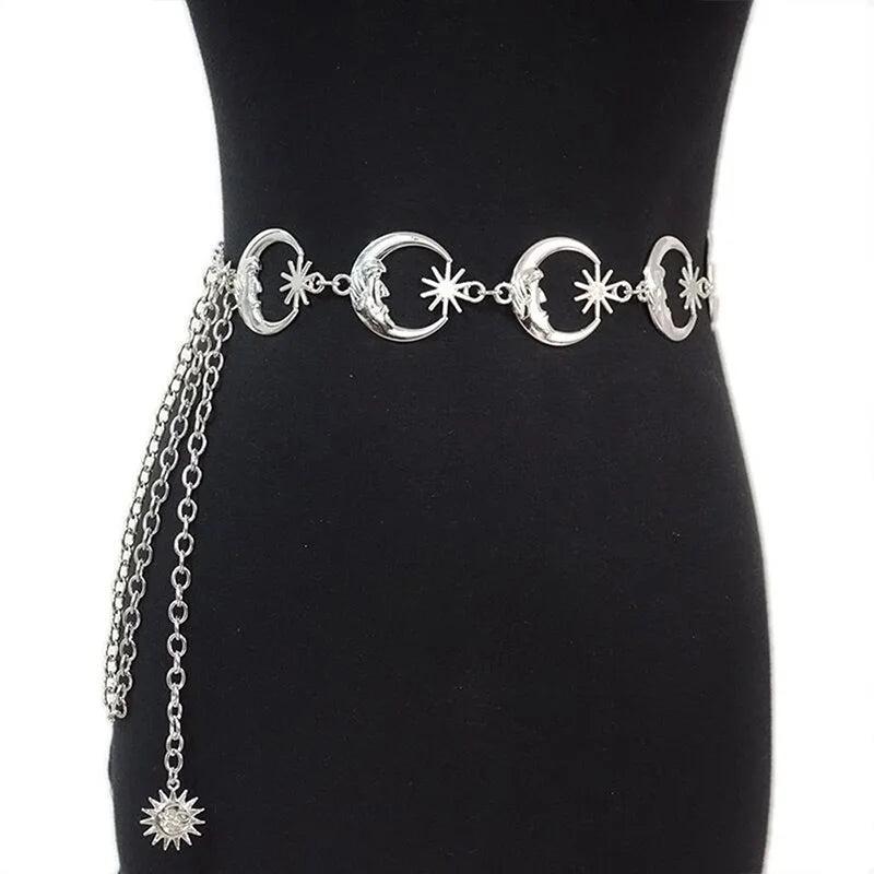 Womens Belt Hip High Waist Silver Narrow Metal Chain Gothic Moon Silver Pendant