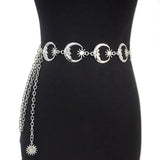 Womens Belt Hip High Waist Silver Narrow Metal Chain Gothic Moon Silver Pendant