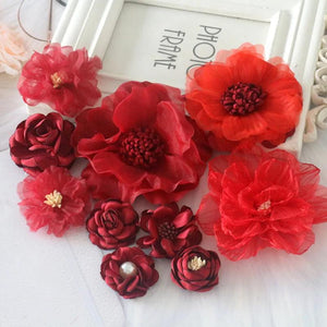 10PCS Mix Styles Wine Red Chiffon Rose Flowers DIY Hair Dress Hats Decoration