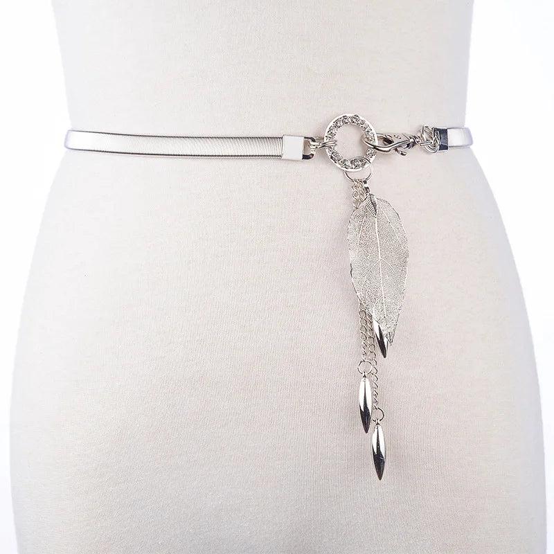 Metal Thin Waist Chain Women Belt Golden Silver Leaf Pendant Female Girdle