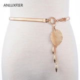 Metal Thin Waist Chain Women Belt Golden Silver Leaf Pendant Female Girdle