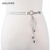 Metal Thin Waist Chain Women Belt Golden Silver Leaf Pendant Female Girdle