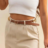 Brown Leather Metal Chain Belt for Women Dress Casual Jeans