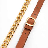 Brown Leather Metal Chain Belt for Women Dress Casual Jeans