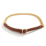 Brown Leather Metal Chain Belt for Women Dress Casual Jeans