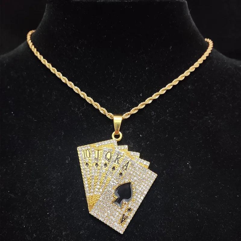 Hip Hop Card Pendant Necklace Crystal Cuban Chain Bling Charm Jewelry