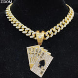 Hip Hop Card Pendant Necklace Crystal Cuban Chain Bling Charm Jewelry