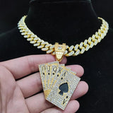 Hip Hop Card Pendant Necklace Crystal Cuban Chain Bling Charm Jewelry