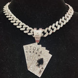 Hip Hop Card Pendant Necklace Crystal Cuban Chain Bling Charm Jewelry