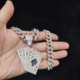 Hip Hop Card Pendant Necklace Crystal Cuban Chain Bling Charm Jewelry