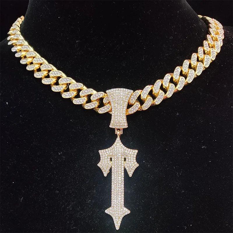 Men Women Hip Hop Cross Sword Necklace with Cuban Chain