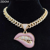 Hip Hop Bite Lip Shape Pendant Necklace Crystal Cuban Chain Bling Jewelry